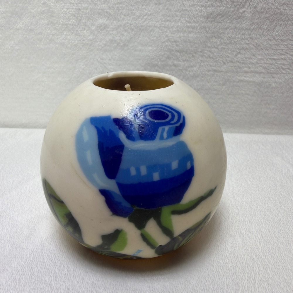 Lifelines Sculpted Candle Round Sphere Blue Floral Rose White Wax Art Decor